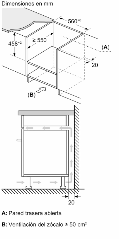 Dibujo técnico de instalación de electrodomésticos de cocina, incluyendo dimensiones y detalles de ventilación.