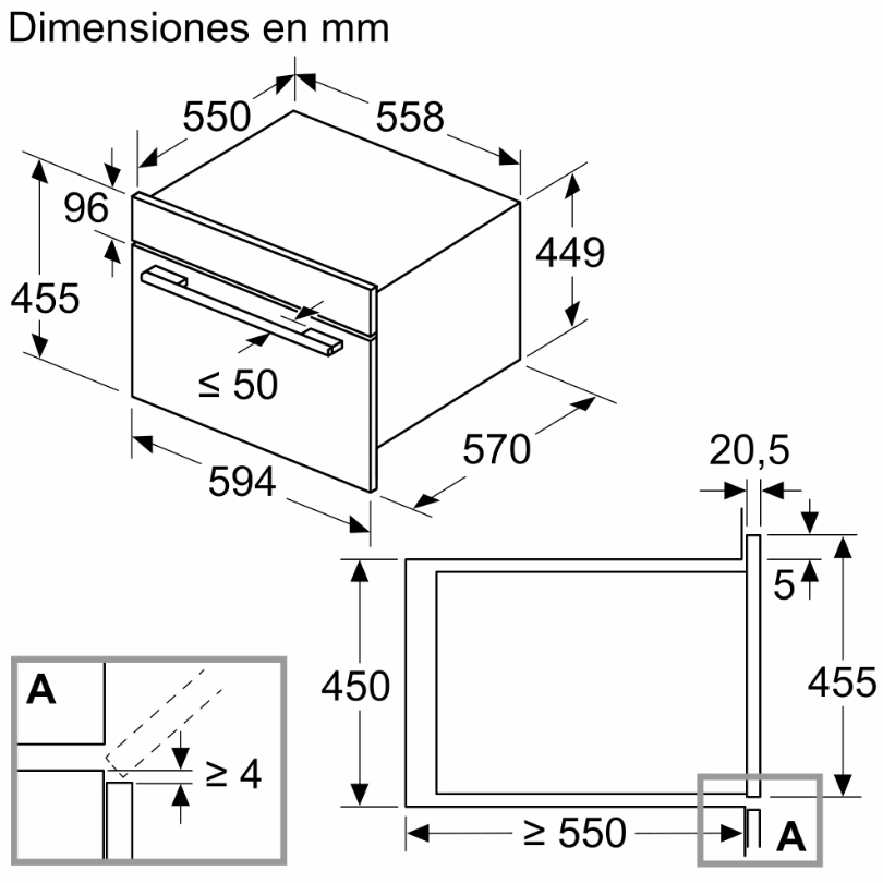Diagrama de un horno empotrado con dimensiones en mm, mostrando vistas frontal y lateral.