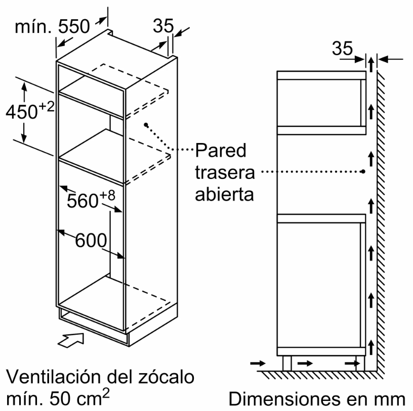 Diagrama de un horno empotrado con dimensiones en mm, mostrando vistas lateral y frontal.