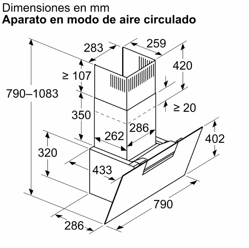 Diagrama de una campana extractora en modo de circulación de aire con dimensiones en mm.