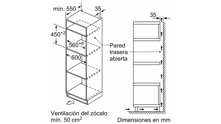 Diagrama de un armario alto, con dimensiones en mm. Flechas y texto en español presentes.
