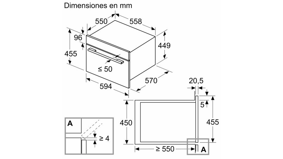 Esquema de un horno con dimensiones en mm. Muestra vistas superior, frontal y lateral con medidas.
