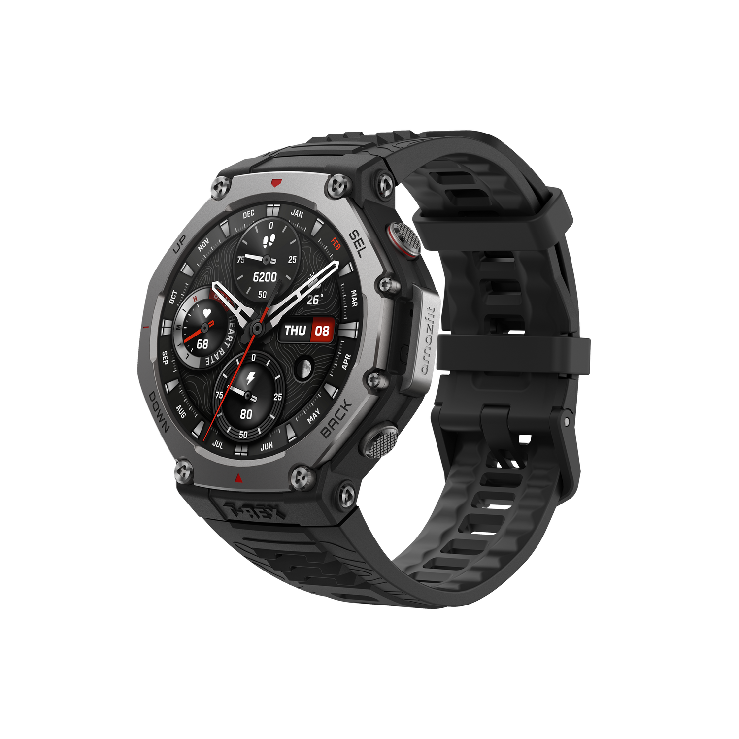 Reloj inteligente negro y gris con correa negra.