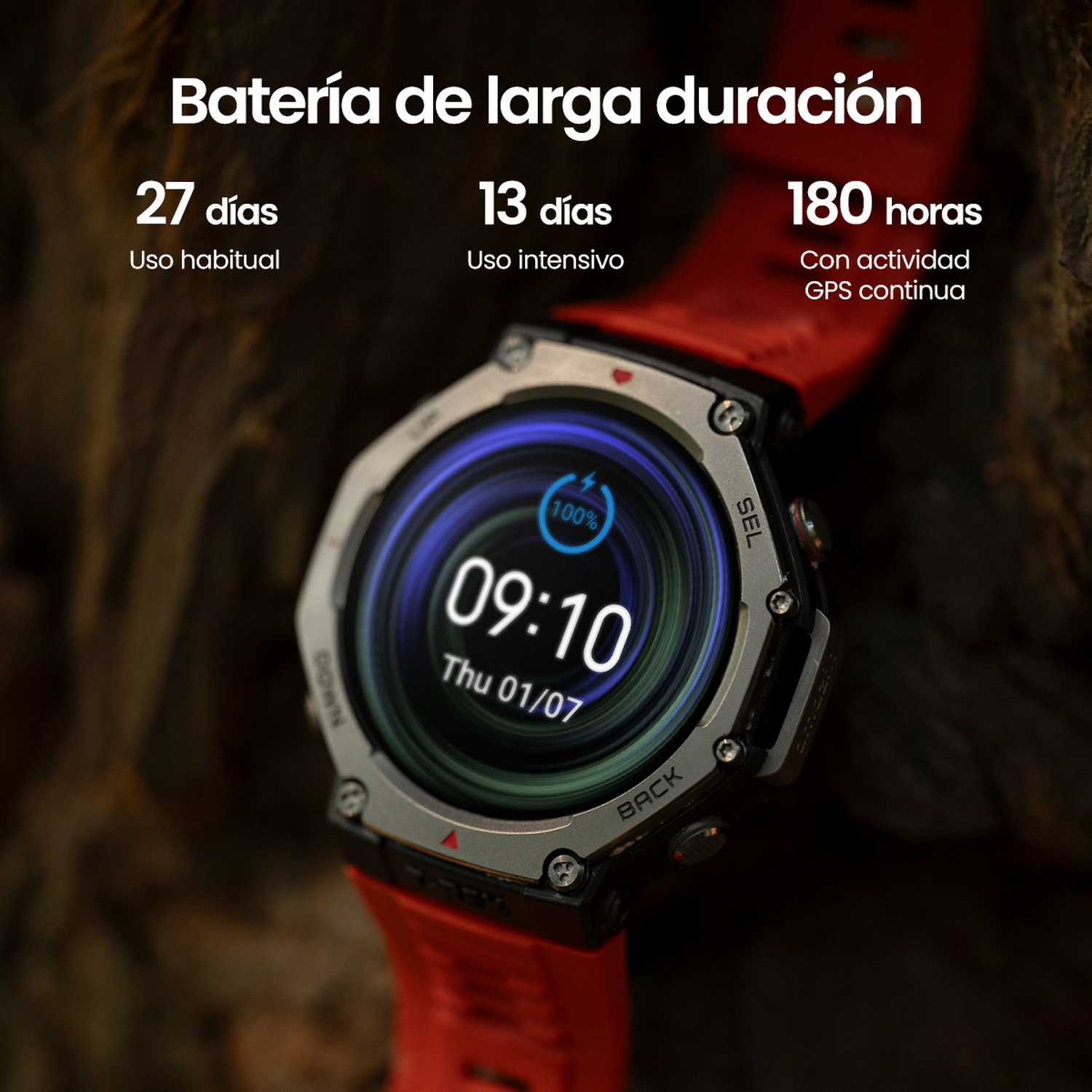 Smartwatch que muestra la duración de la batería, la fecha y la hora.