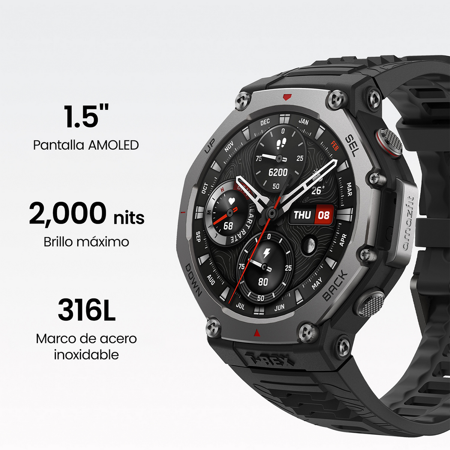 Smartwatch con detalles de pantalla: 1.5" AMOLED, 2,000 nits y acero inoxidable 316L.