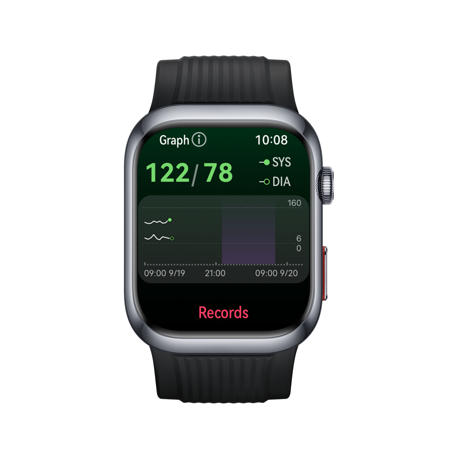 Un smartwatch muestra datos de presión arterial: 122/78, con un gráfico y opciones para registros.