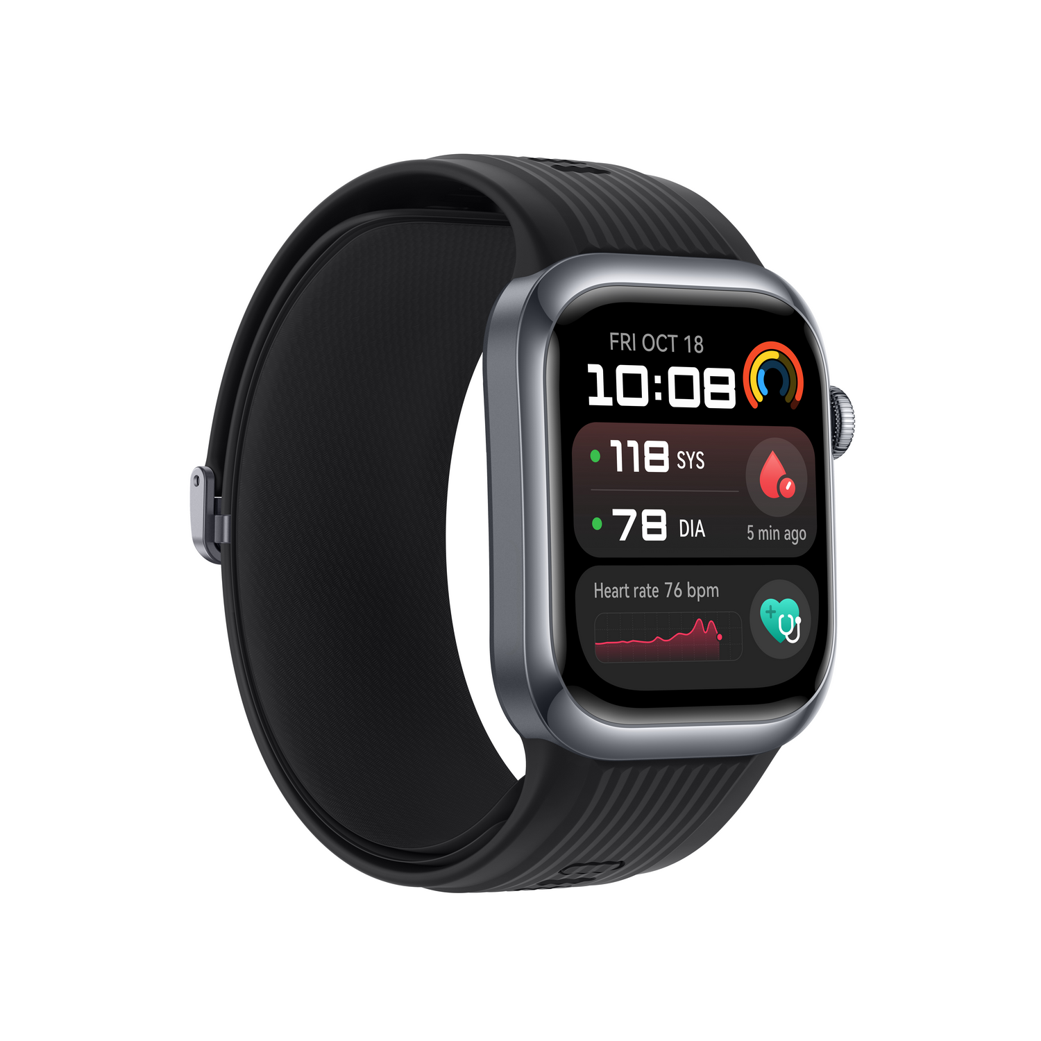 Smartwatch en una muñeca que muestra la frecuencia cardíaca, la hora y datos de actividad.