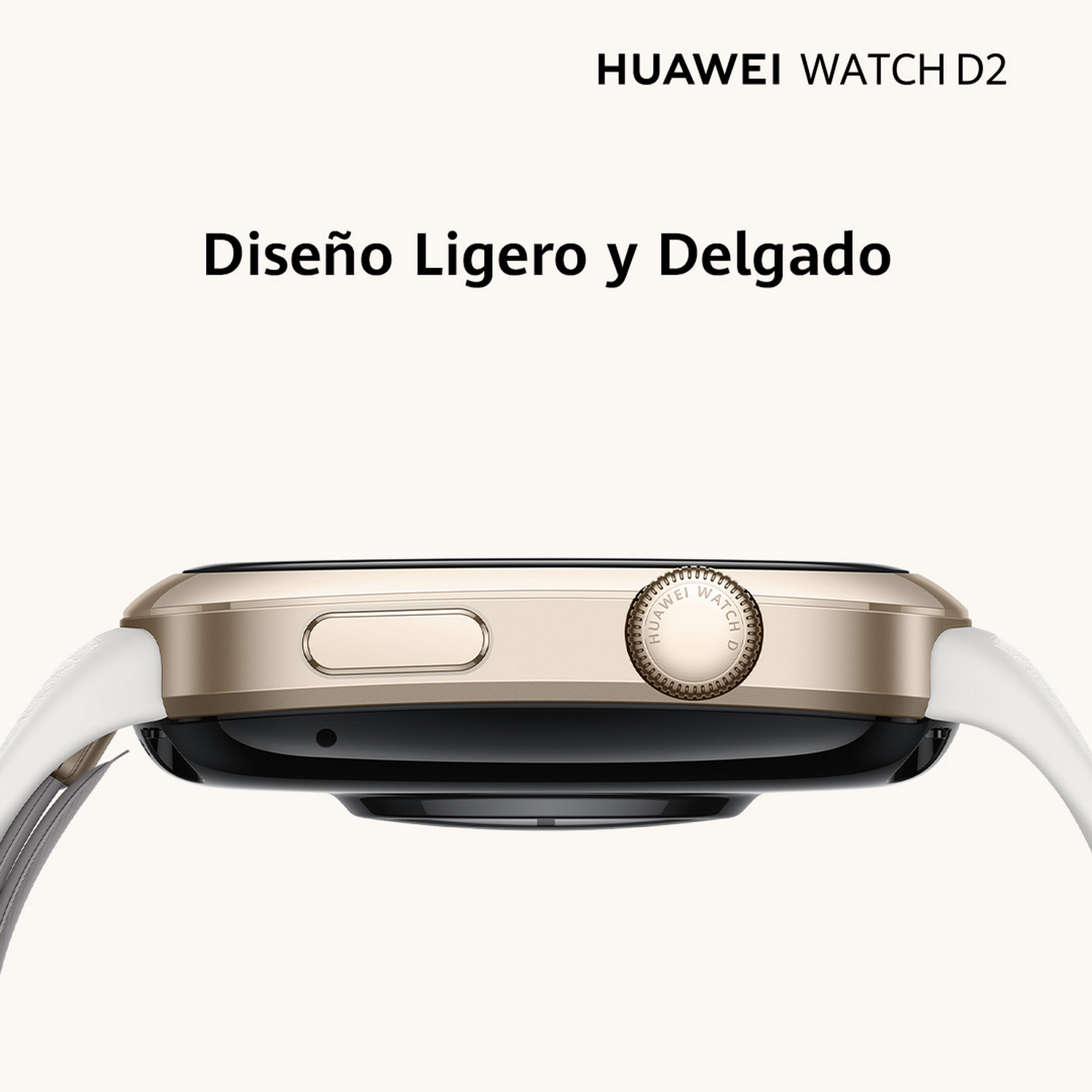 Primer plano de un reloj Huawei dorado. El texto Diseño Ligero y Delgado es visible.