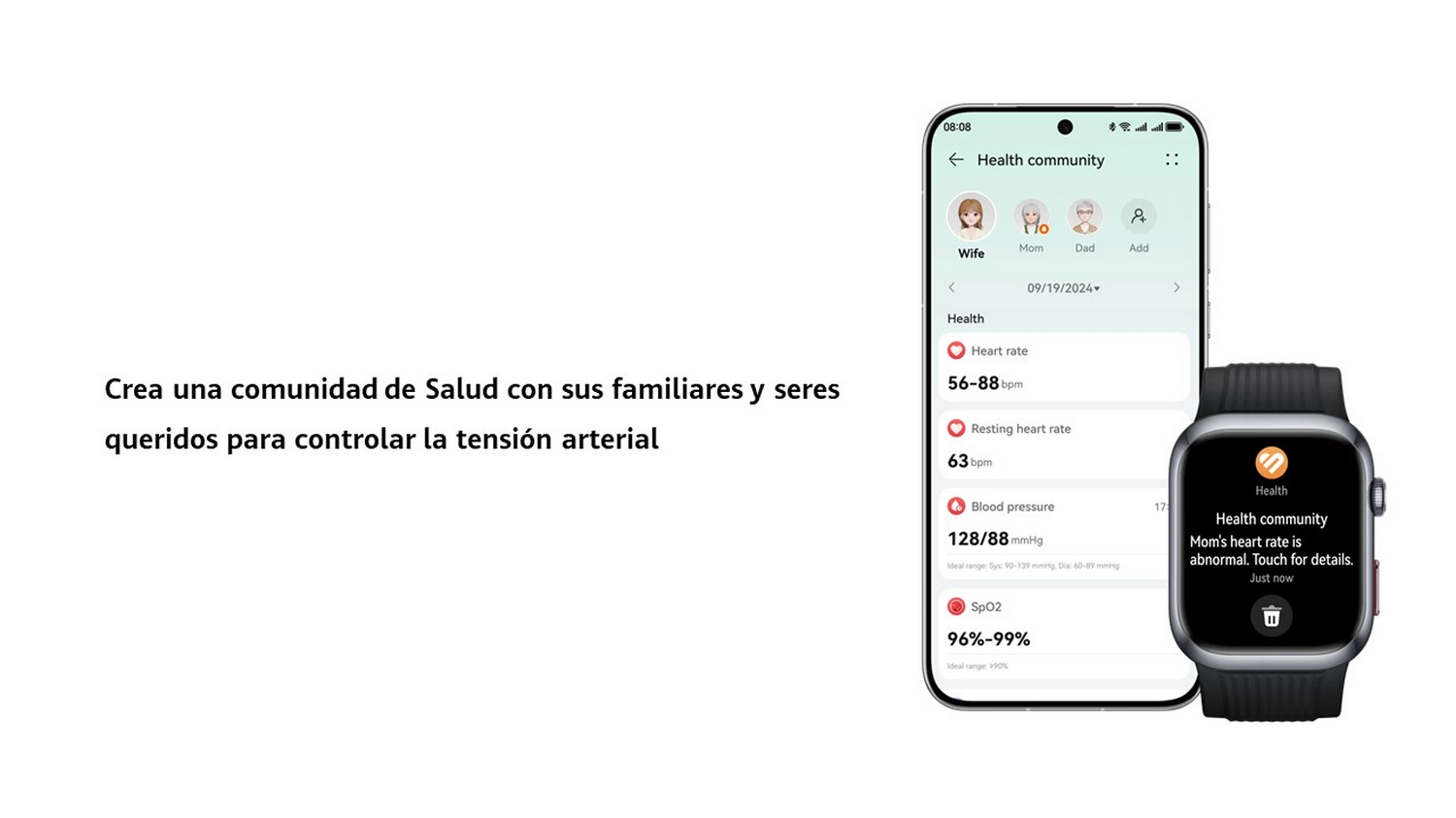 Smartphone y smartwatch mostrando datos de salud y salud familiar.