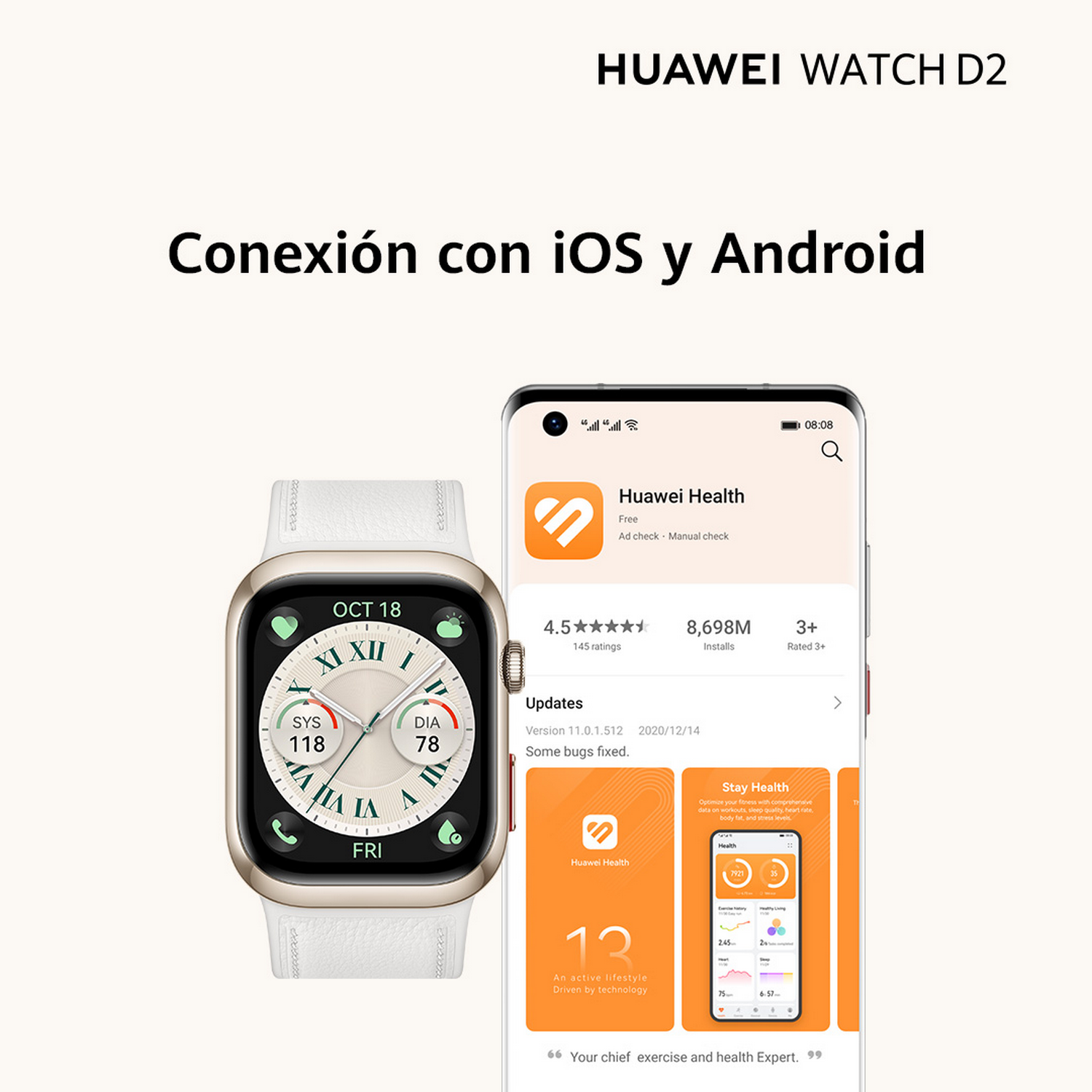 Smartwatch dorada con correa blanca junto a pantalla de teléfono con app.