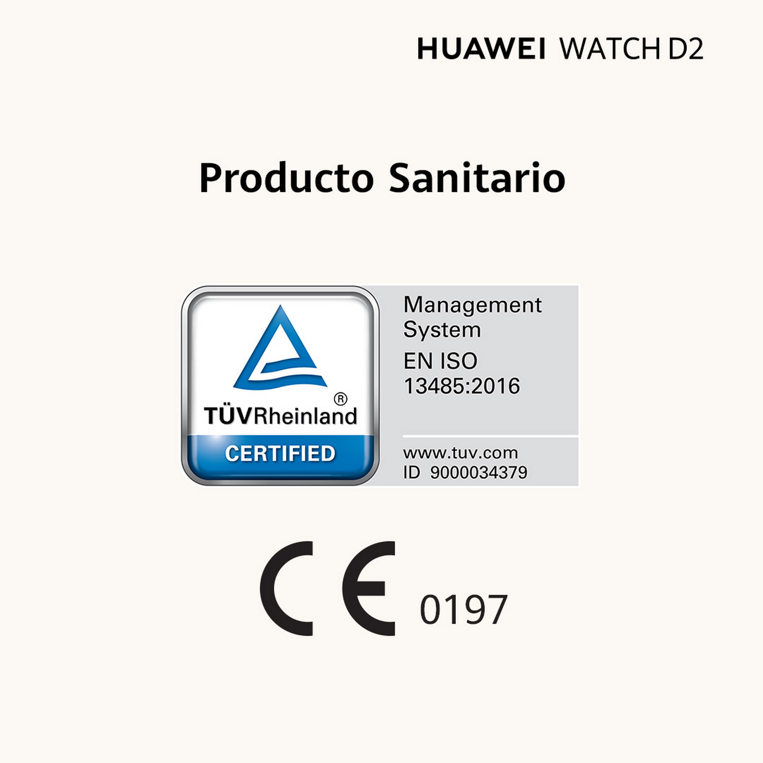 Fondo blanco con texto: HUAWEI WATCH D2. Producto Sanitario. TÜV Rheinland CERTIFIED. CE 0197.