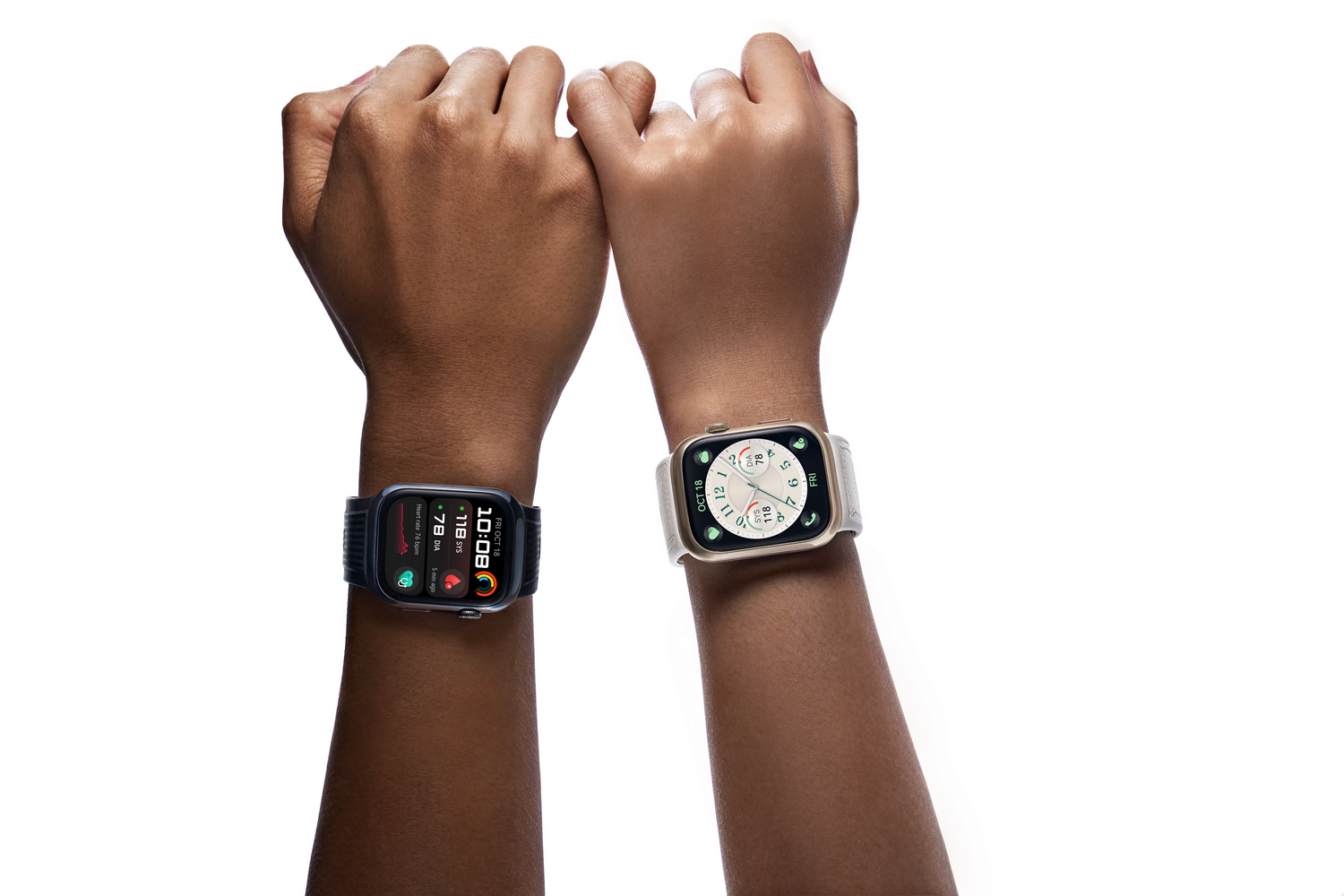 Dos muñecas con smartwatches. Una negra, otra dorada, ambas mostrando hora y métricas.