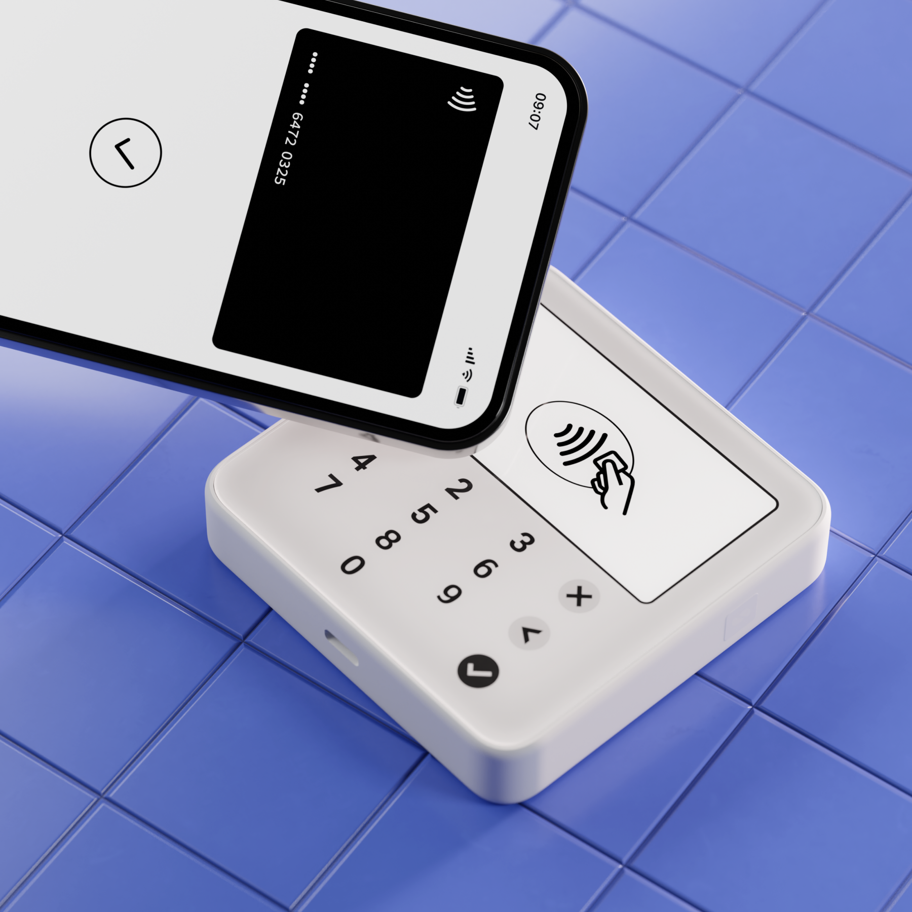 Teléfono sobre un datáfono blanco. La pantalla muestra información de pago.