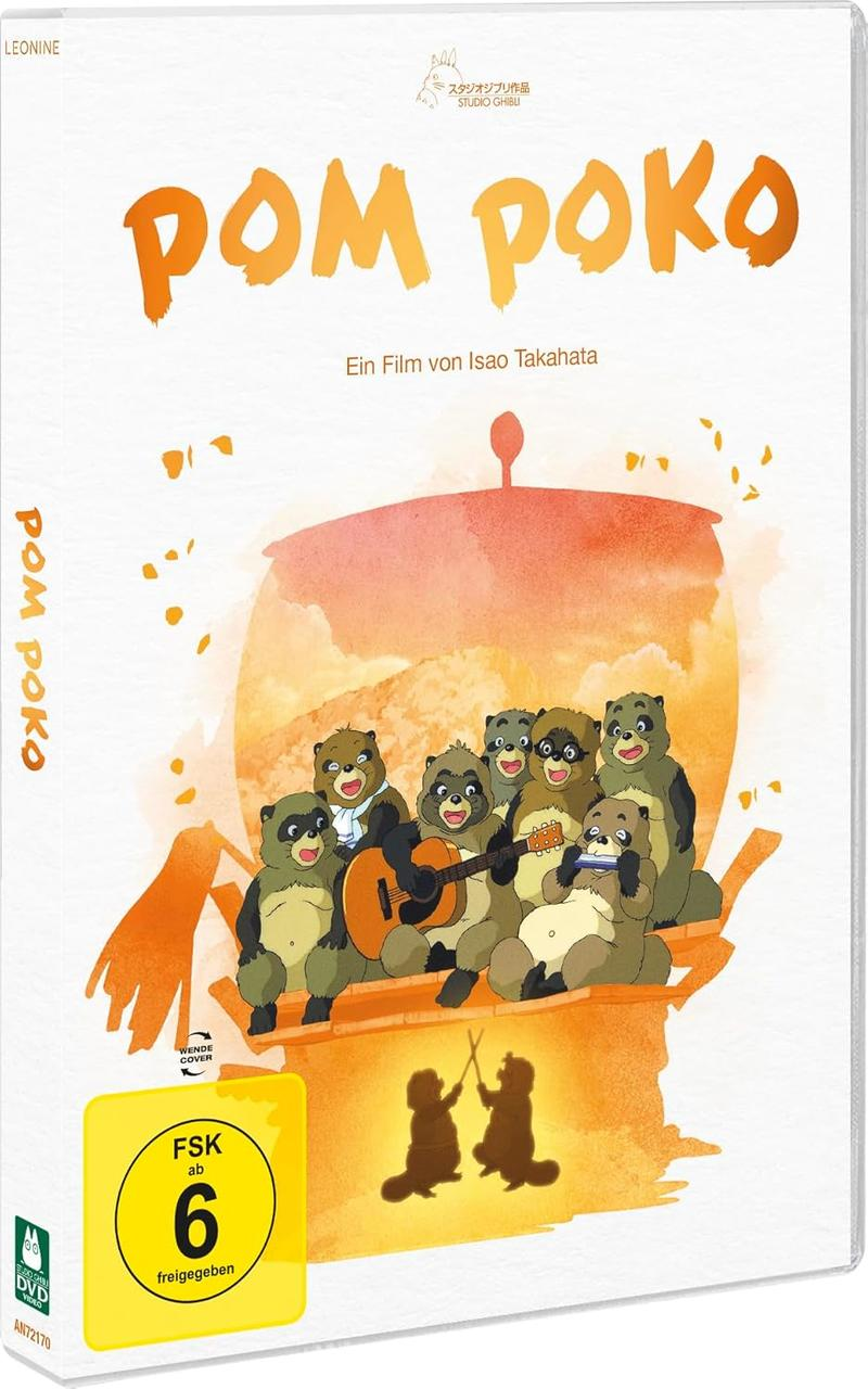 Filmcover: Cartoon von Tanuki, die Instrumente spielen. Oranger Hintergrund.