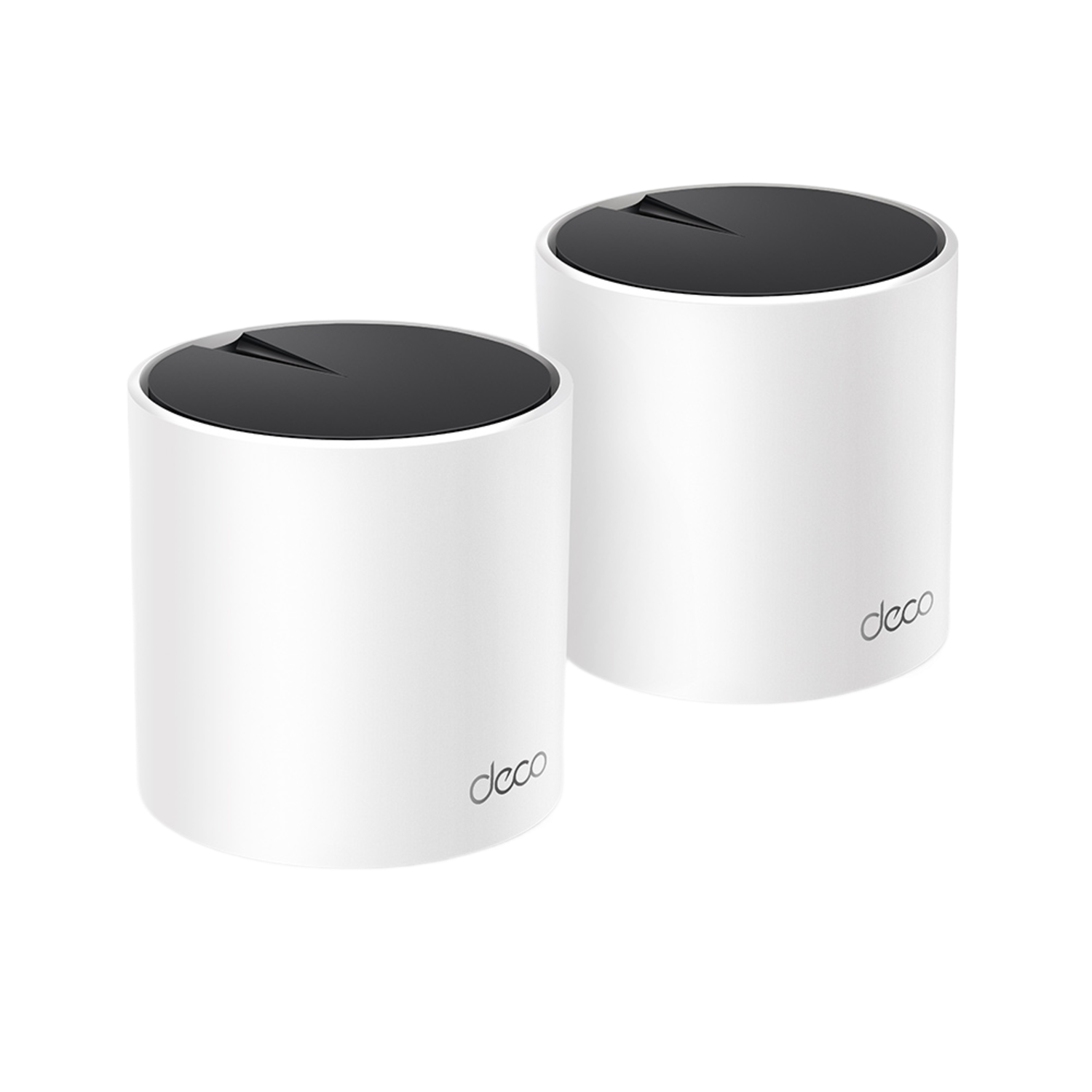 Deux appareils Deco blancs avec dessus noirs, forme cylindrique. Étiquette 'deco' sur chaque côté.