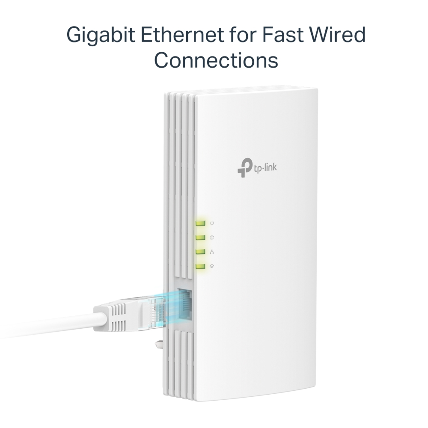 White TP-Link device with an Ethernet cable plugged in, showing status lights.