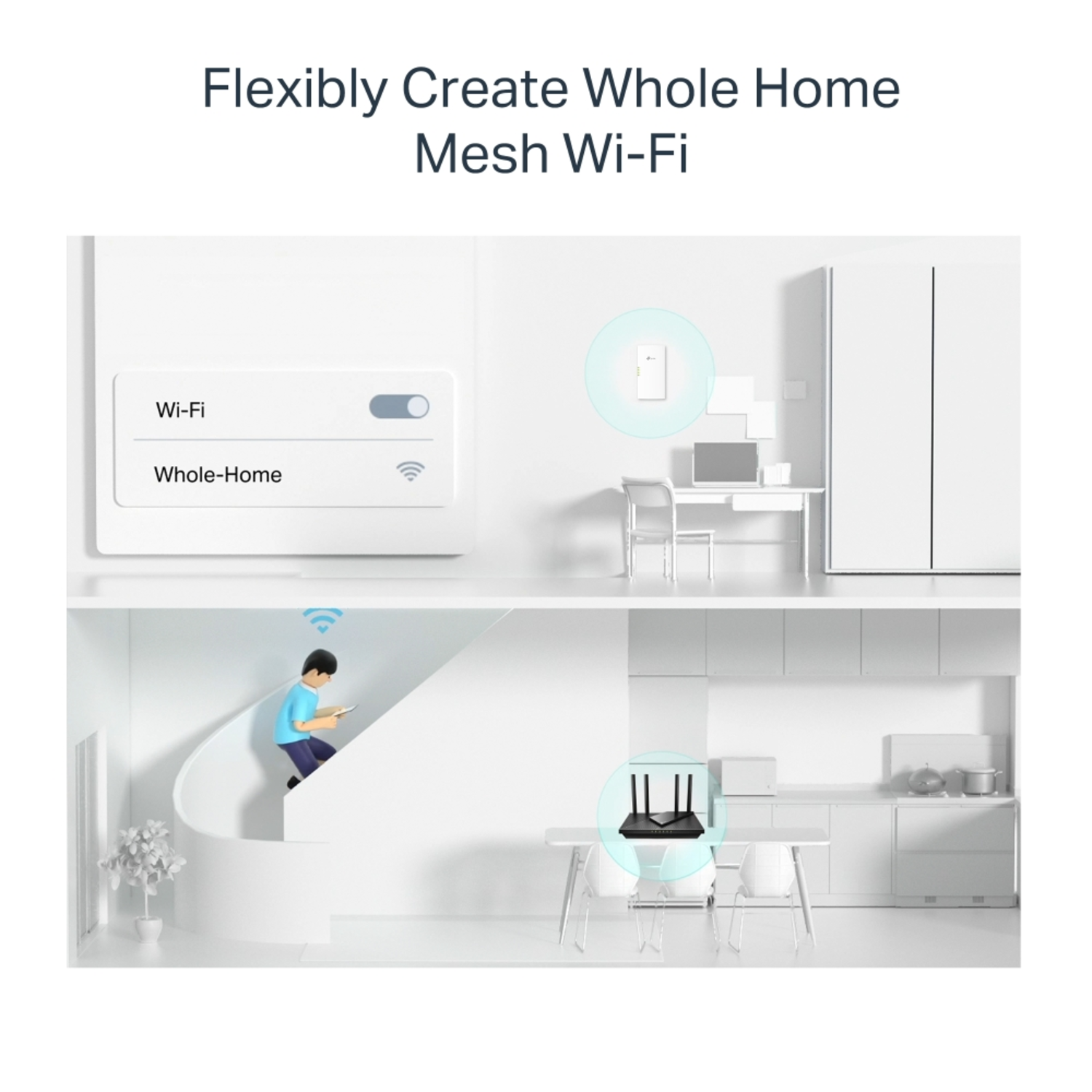 A diagram shows Wi-Fi settings and a mesh network setup, showing a house with good coverage.