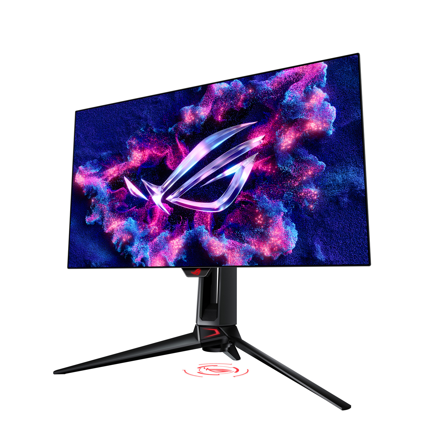 A black monitor with a stand, displaying a colorful nebula-like image and ROG logo.
