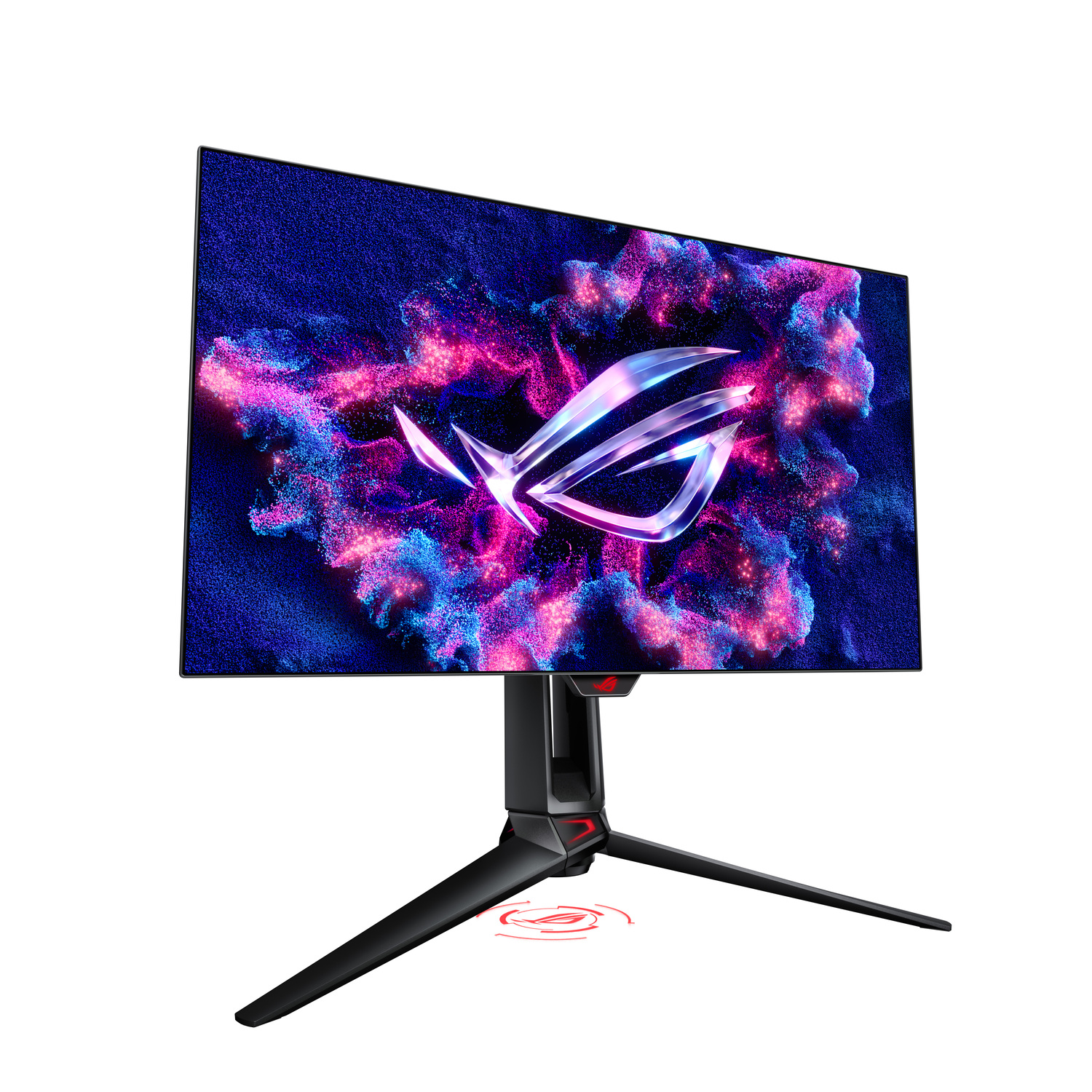 A black monitor with a stand, displaying a colorful nebula-like image and ROG logo.
