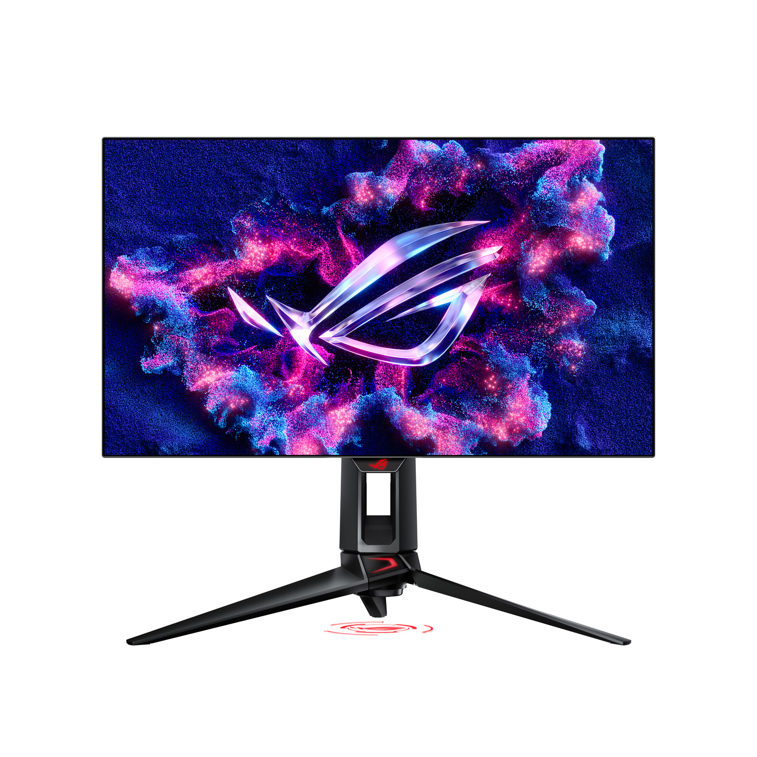 A black monitor with a stand, displaying a colorful nebula-like image and ROG logo.