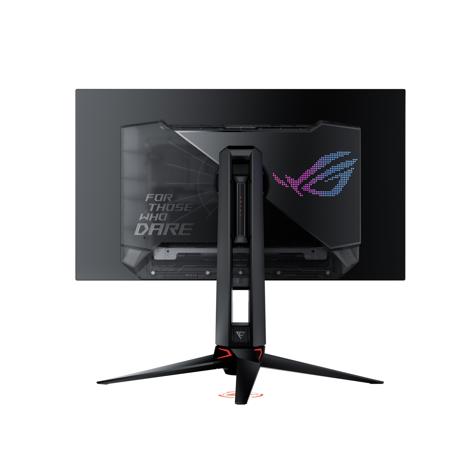 The back of a black gaming monitor. It has a unique stand and the ROG logo with lights.