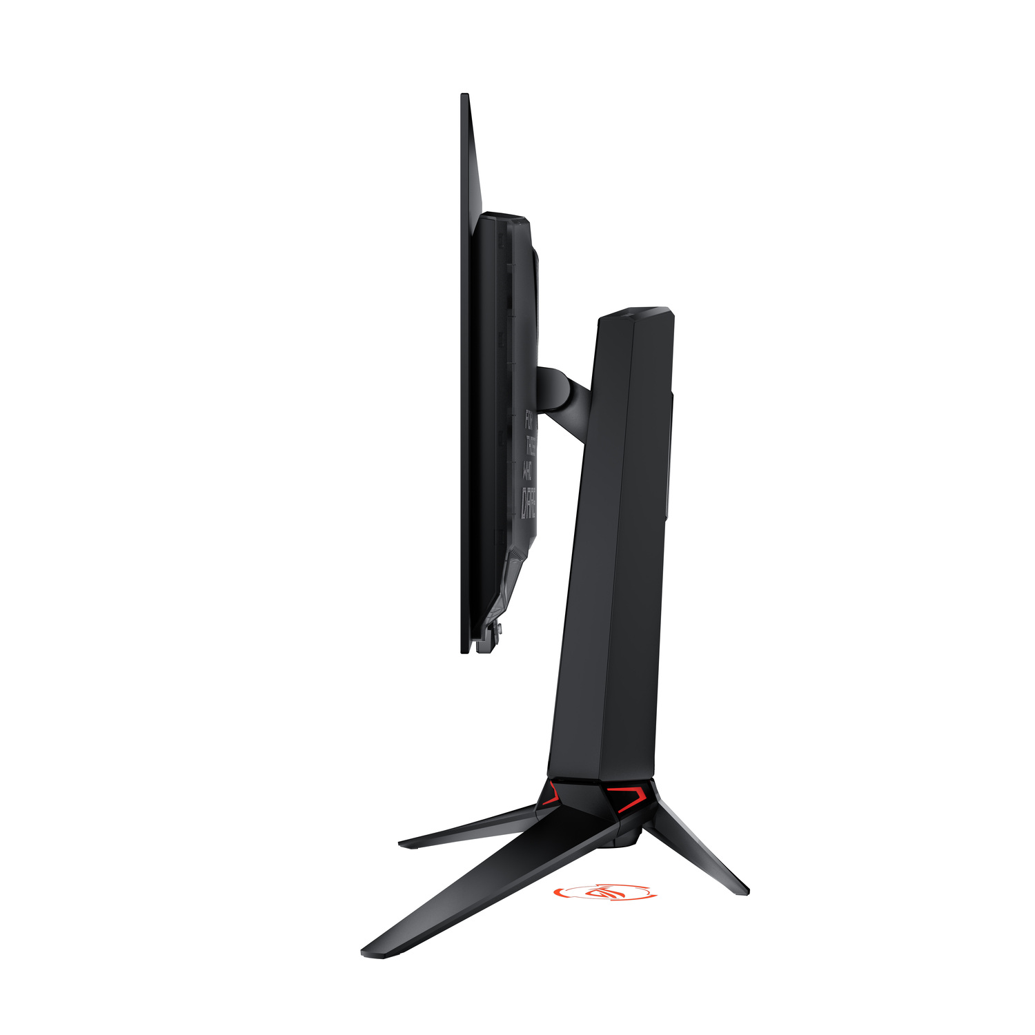 Side view of a black monitor with a stand, displaying a colorful nebula-like image.