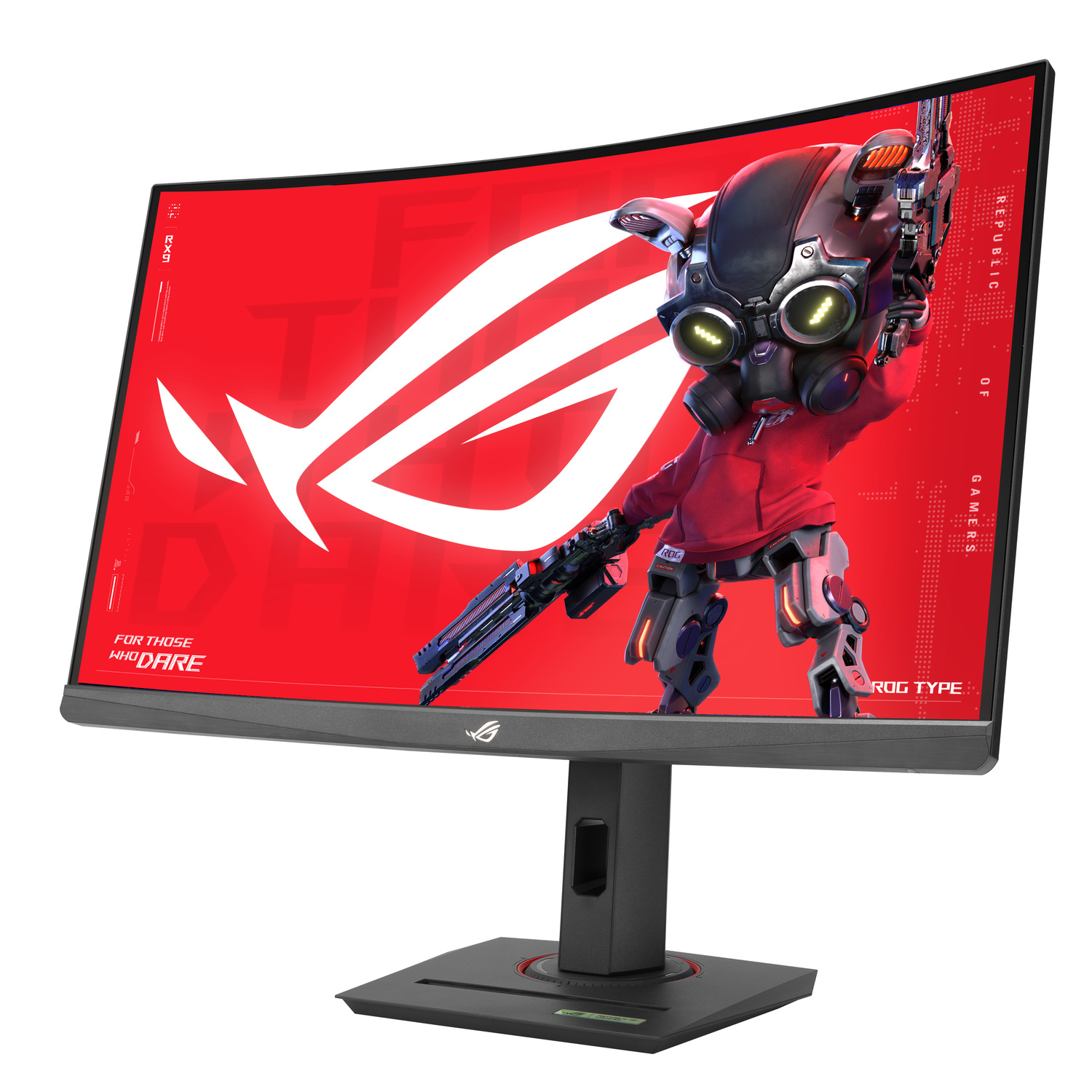 Curved monitor. ROG logo, red screen, gamer figure, and a black stand.