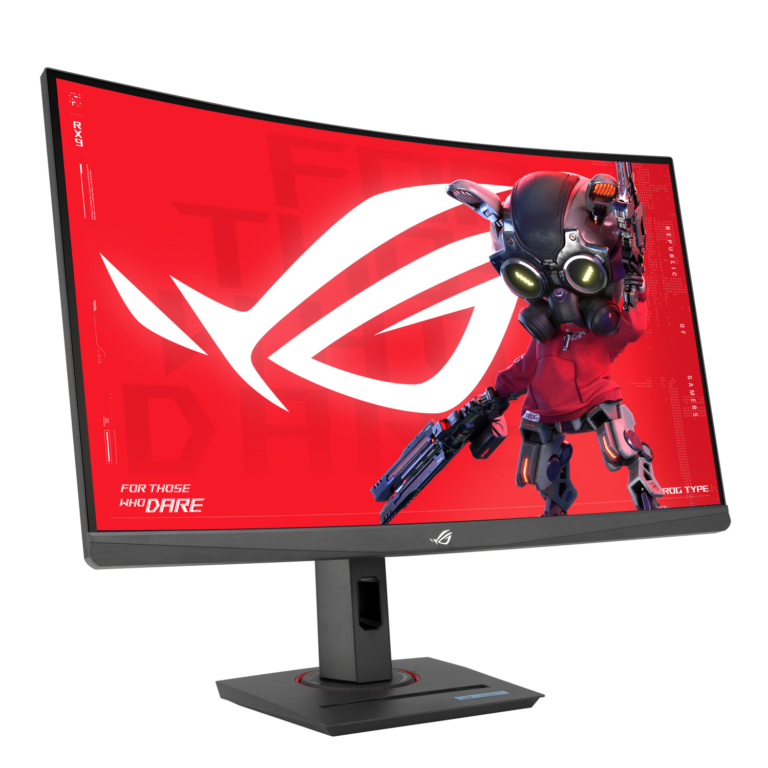 Curved monitor with a red background and a robot character, ROG logo and text.