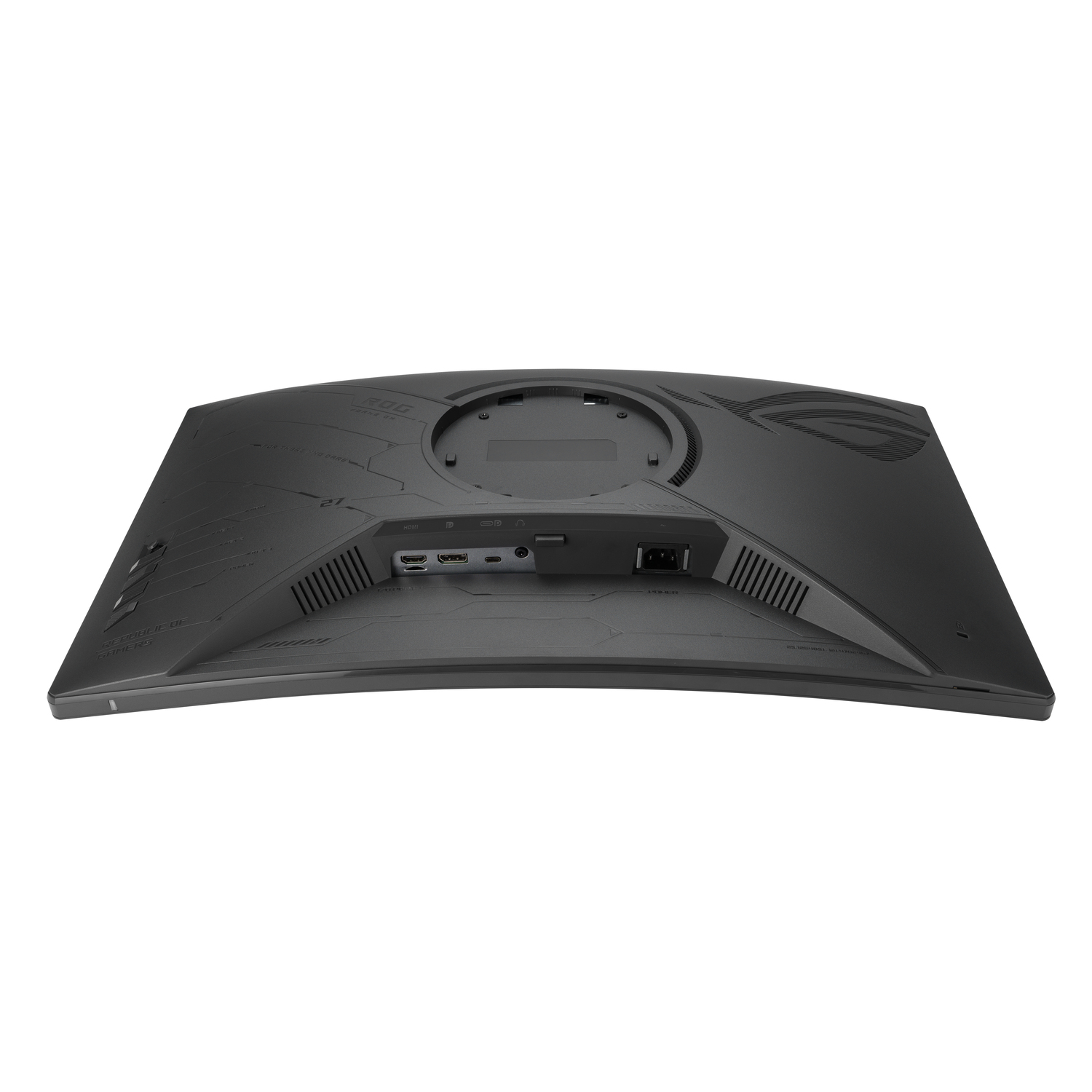 A black computer monitor back panel with various ports and a power connector.