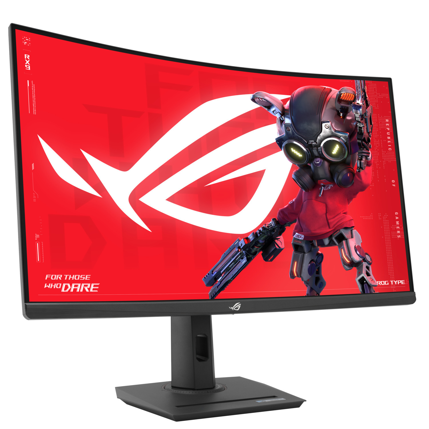 Een gebogen monitor met een rode display en een robotachtig karakter.