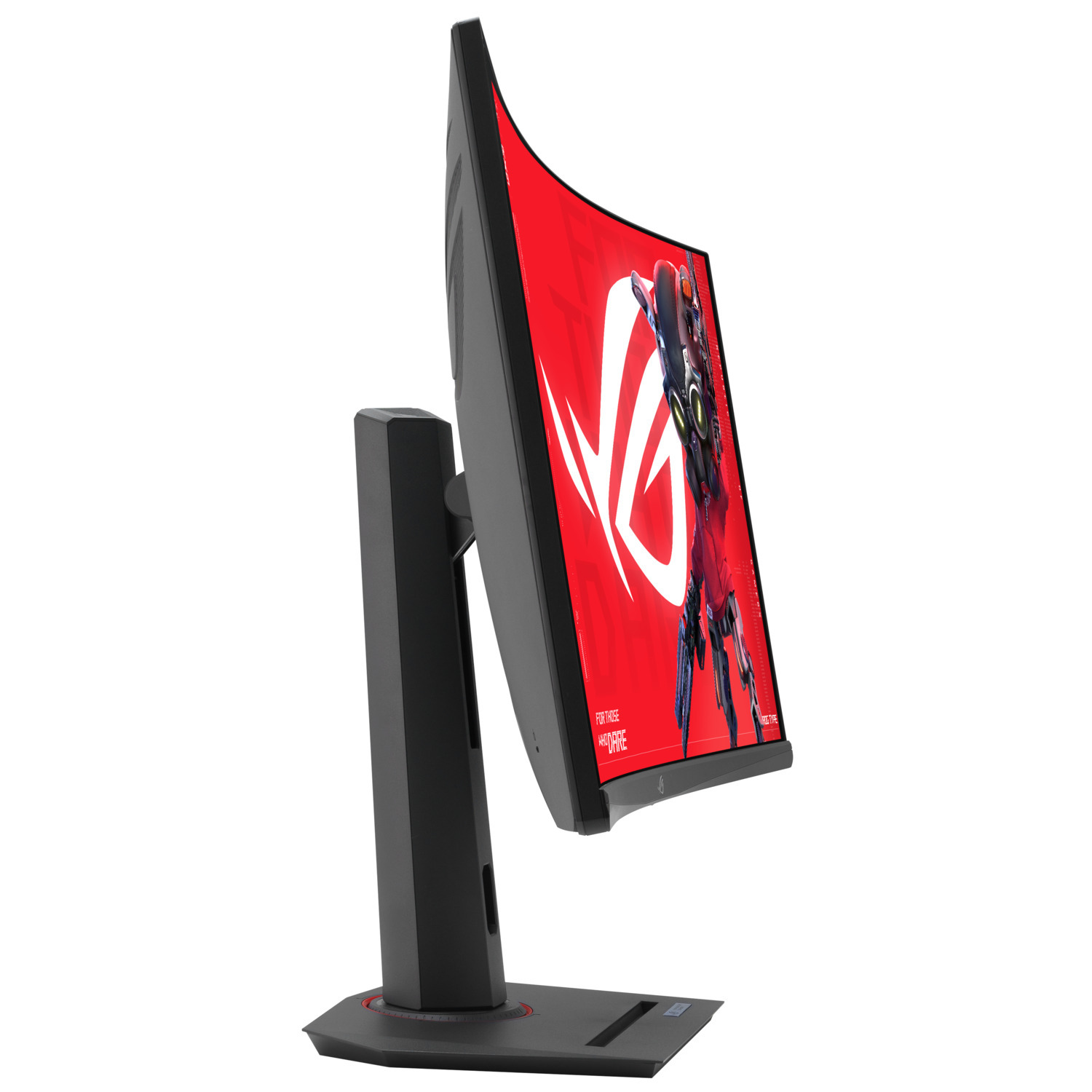 Achteraanzicht van een zwarte monitor met ROG-branding en designelementen.