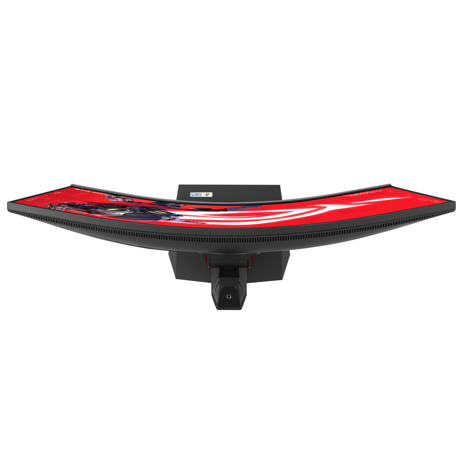 Gebogen gamingmonitor van bovenaf, rood scherm met afbeelding, zwarte standaard.