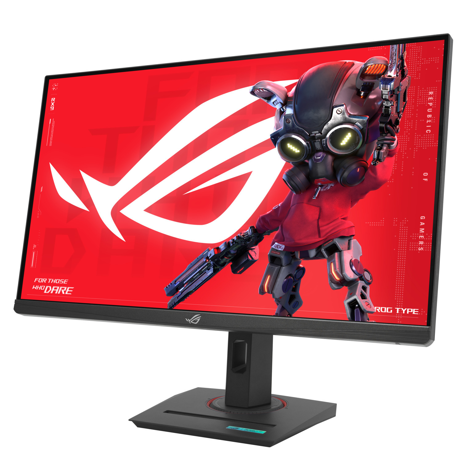 Gaming monitor with a robot character. Red and black color scheme. 