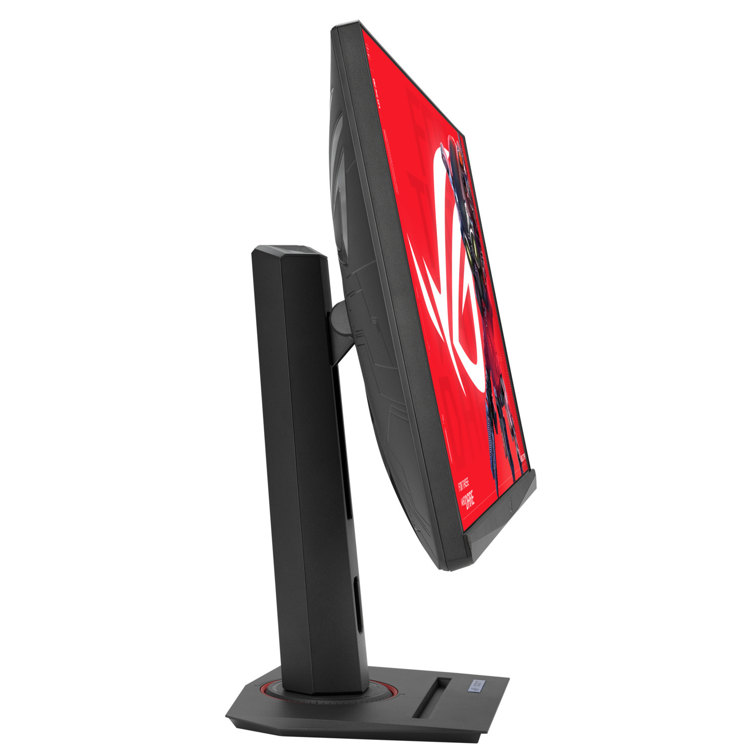 A side view of a curved monitor with a red display.