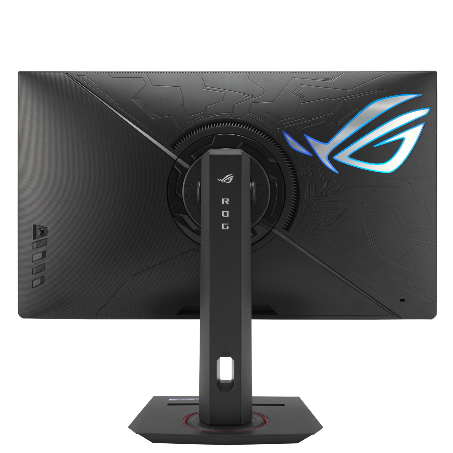 Back view of a gaming monitor with the ROG logo on it.