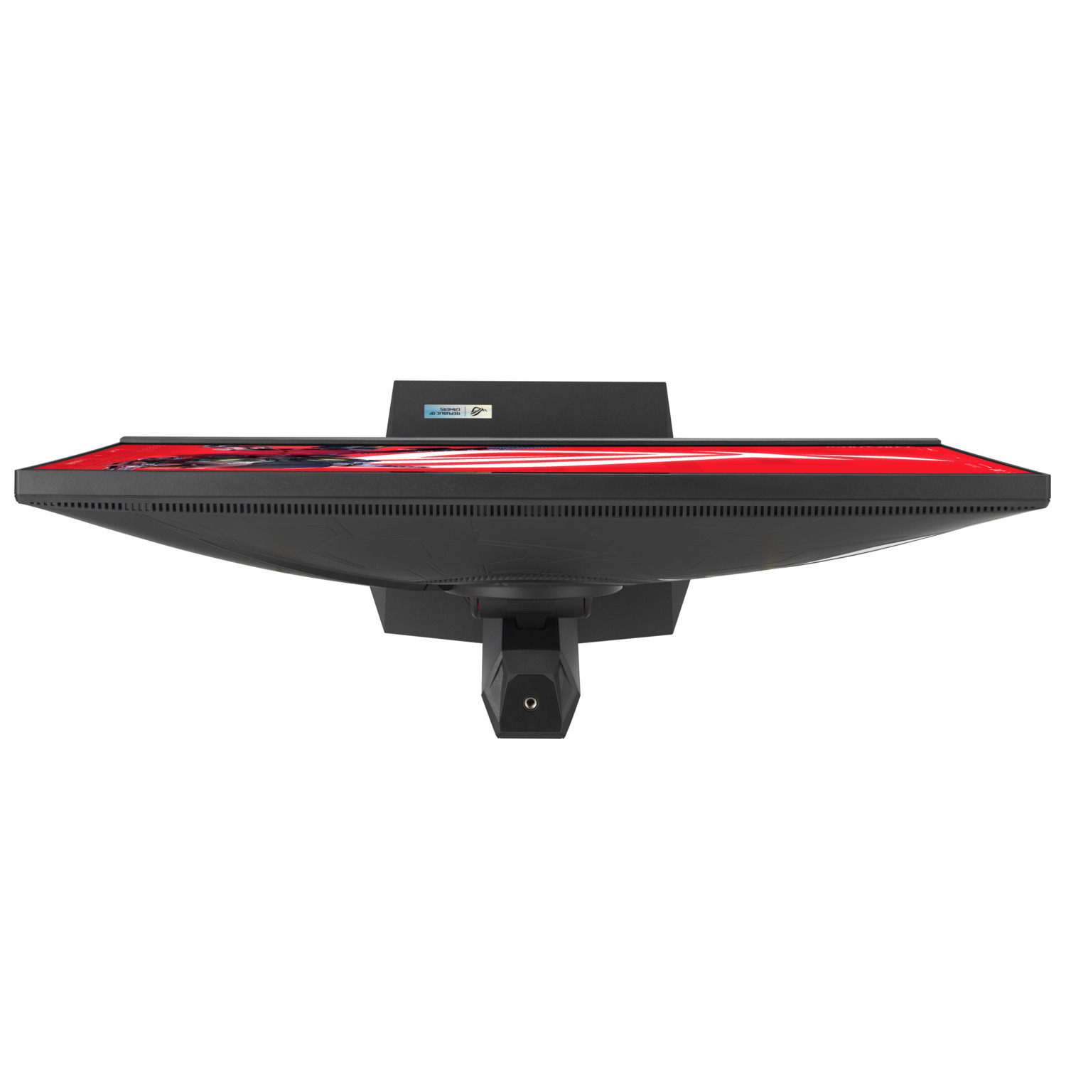Top view of a black and red gaming monitor on a white surface.