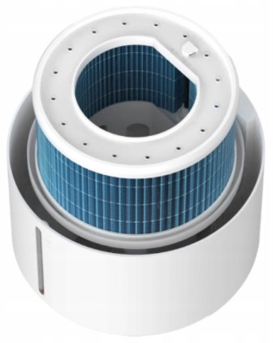 Biały filtr oczyszczacza powietrza z niebieskim wnętrzem. Widok z góry na filtr.