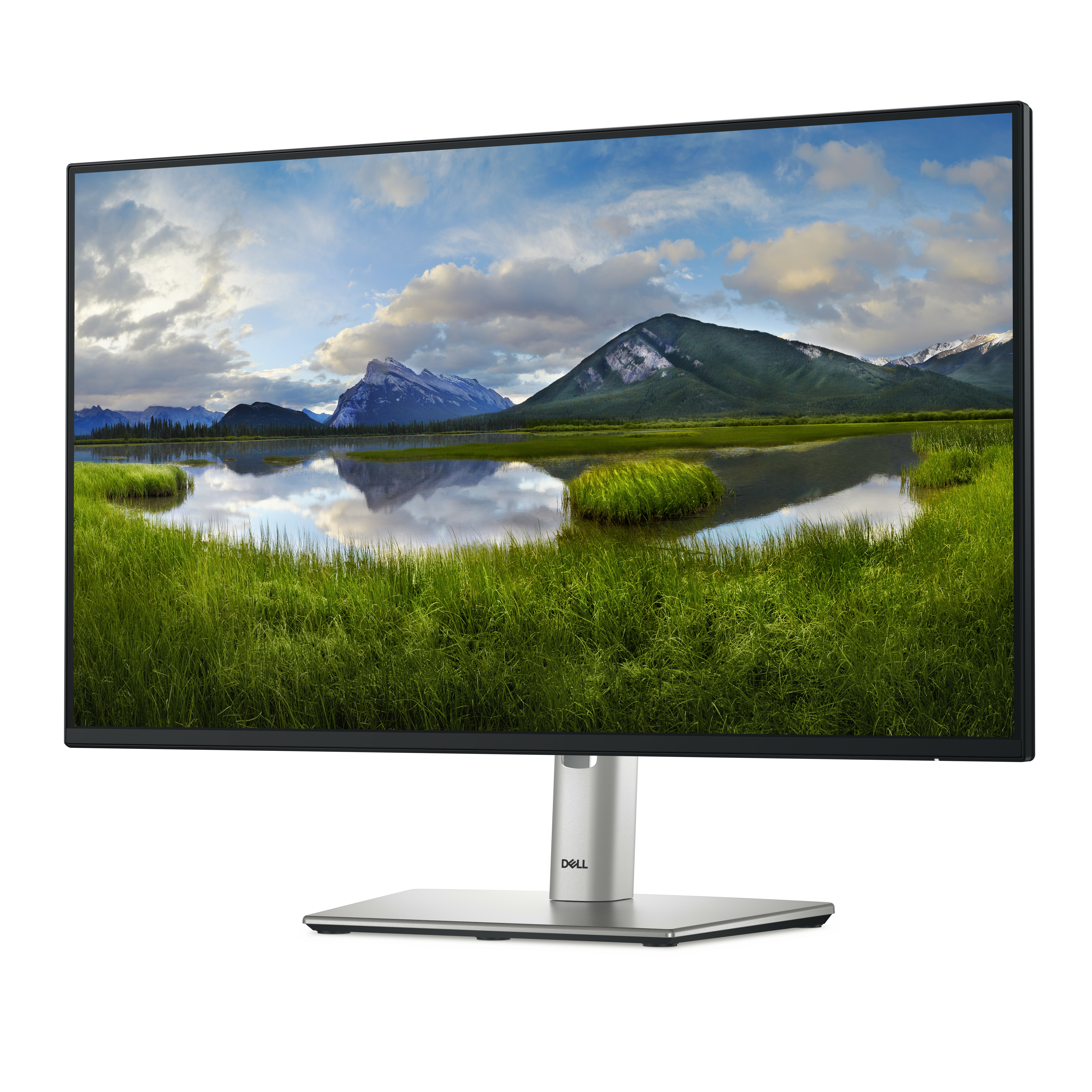 Ein Dell-Monitor zeigt eine Berglandschaft mit See und Wolken.