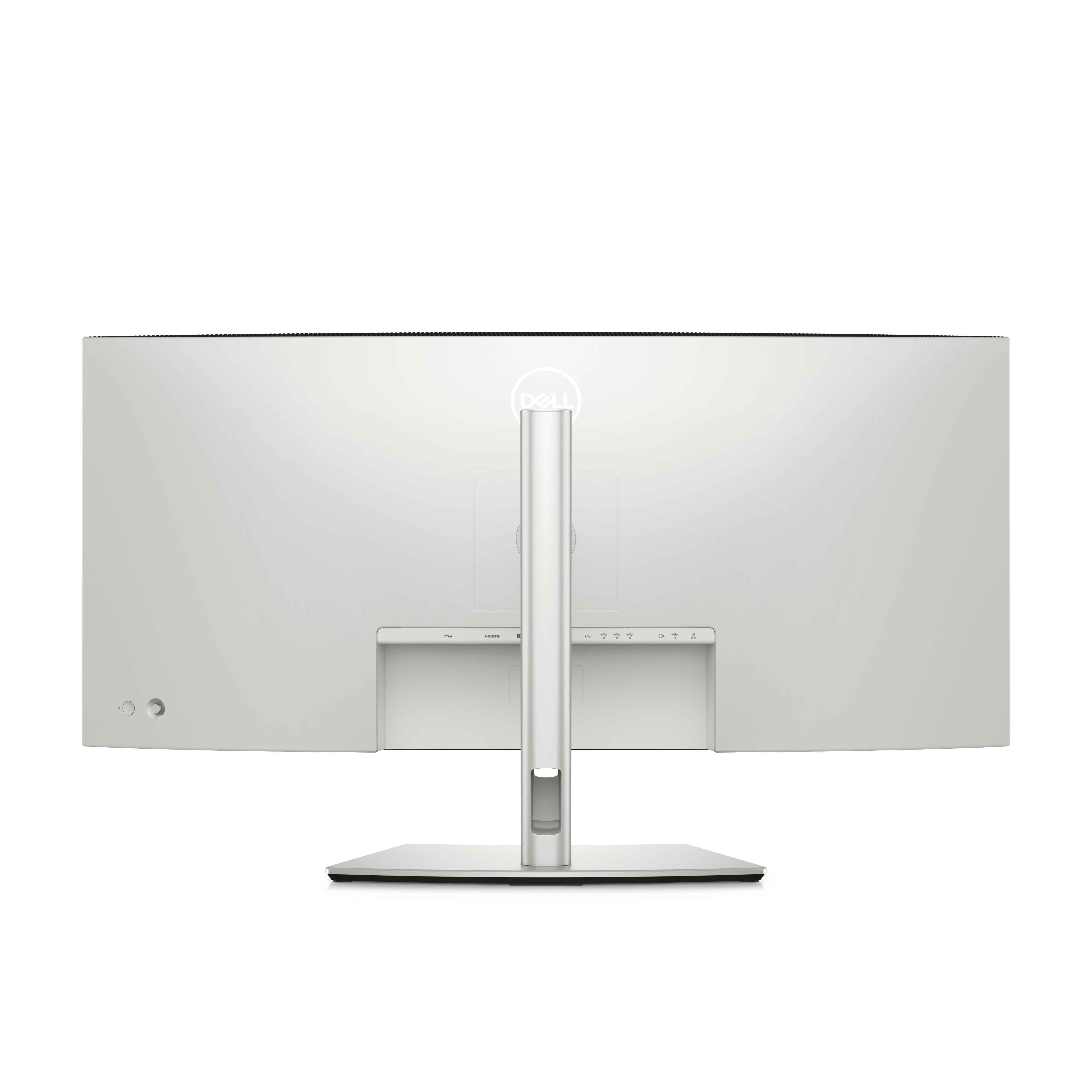 Rückansicht eines silbernen Dell-Curved-Monitors. Anschlüsse und Ständer sichtbar. Dell-Logo oben zentriert.