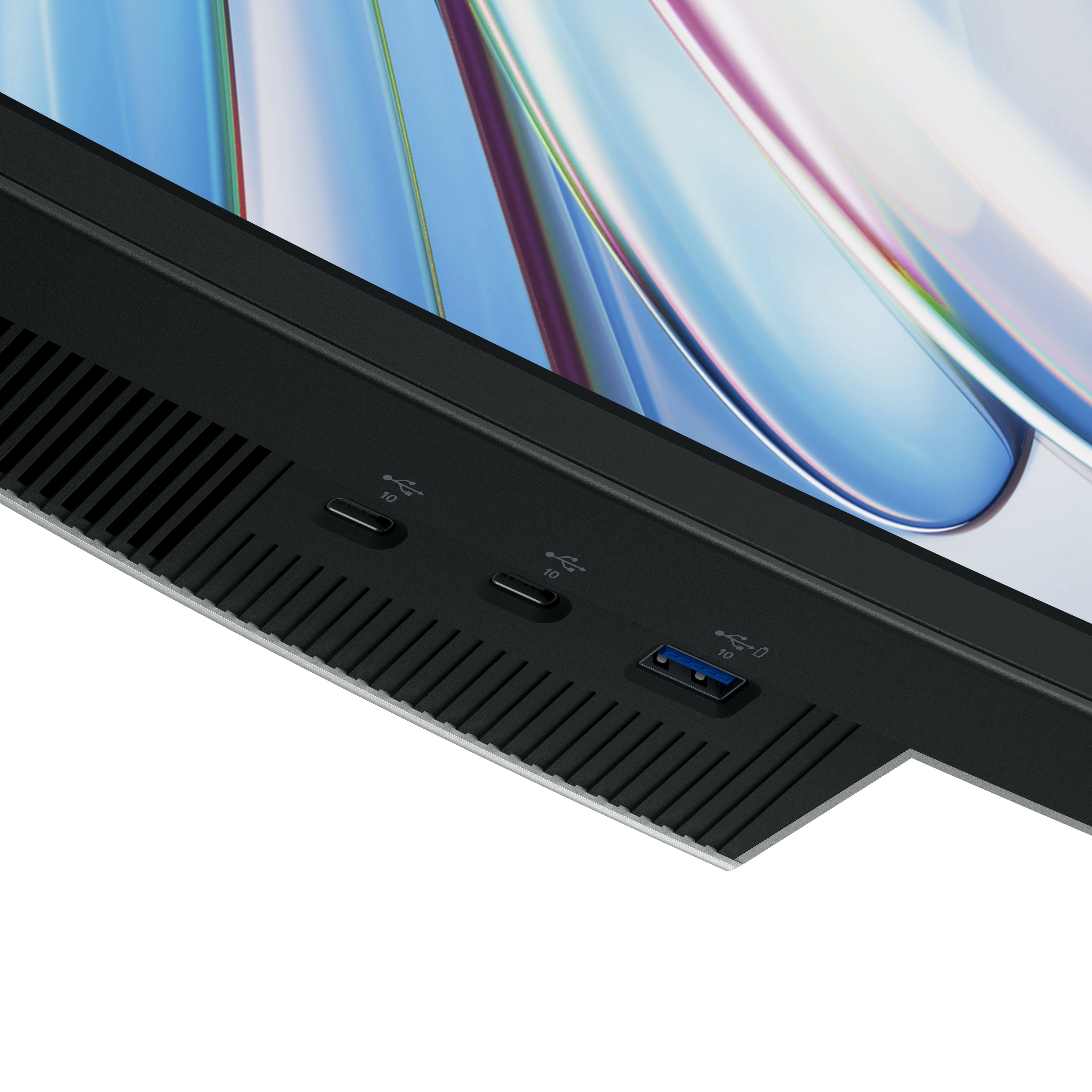 Schwarzer Monitorfuß mit Anschlüssen. Abstrakter, farbenfroher Hintergrund sichtbar. USB- und Stromanschlüsse sind vorhanden.