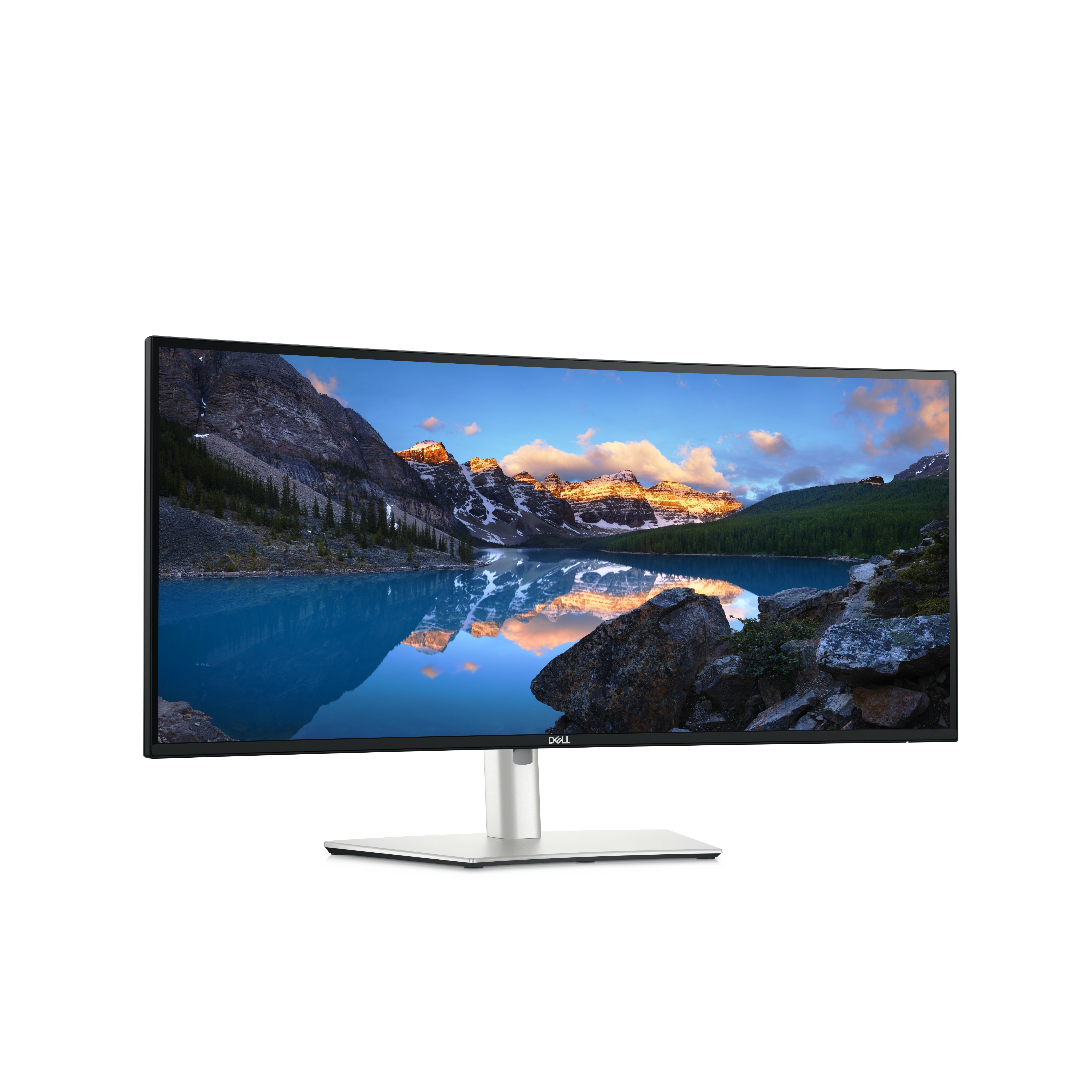 Ein geschwungener Monitor zeigt eine Bergseeszene. Der Monitor ist silber und schwarz, mit weißem Hintergrund.