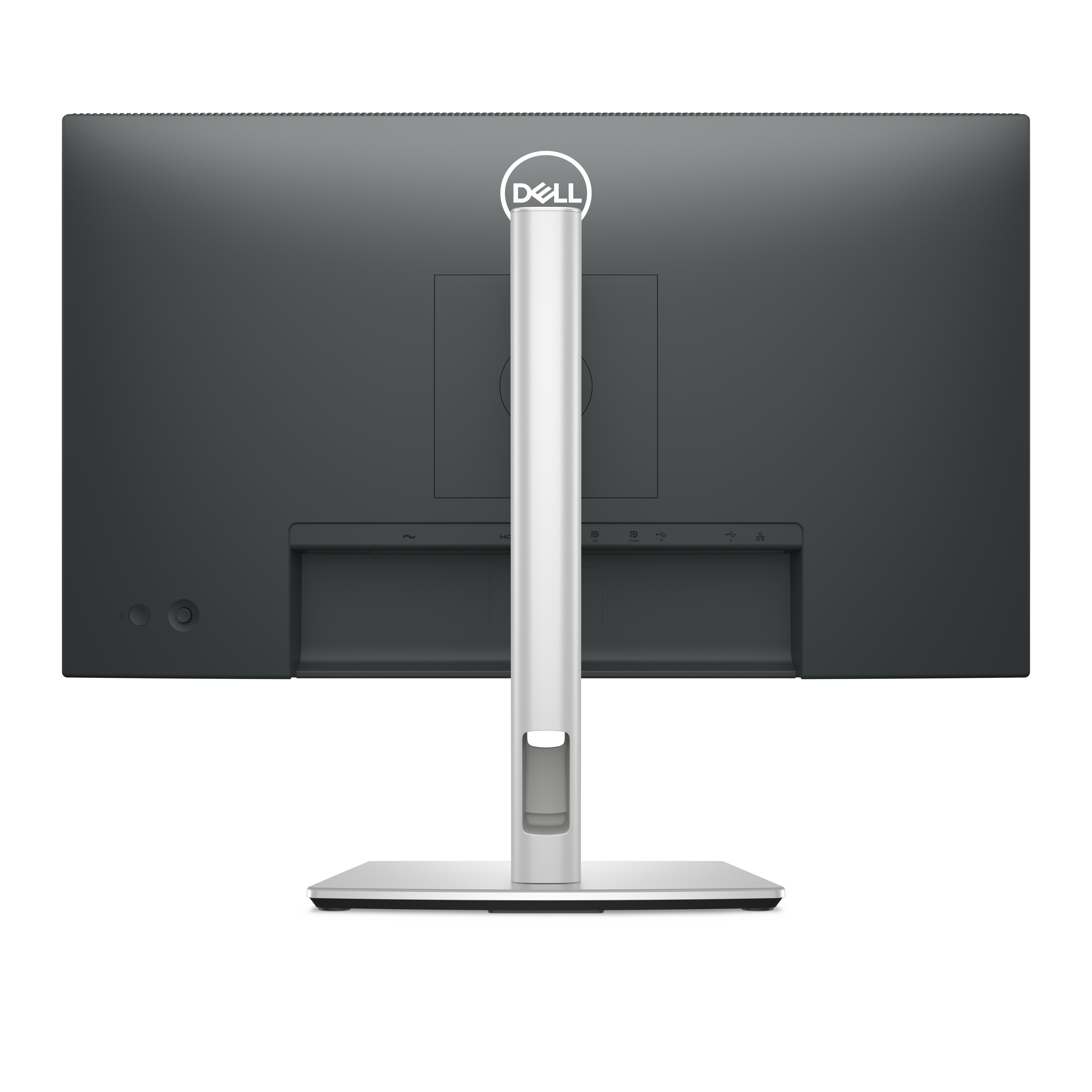Rückansicht eines silbernen Dell-Monitors mit dem Dell-Logo. Es befindet sich auf weißem Hintergrund.
