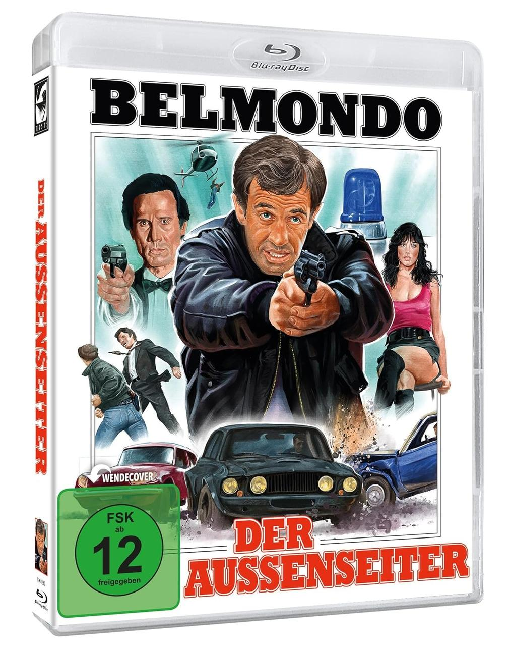 Filmposter mit Jean-Paul Belmondo, der eine Waffe hält, Autos und Personen.
