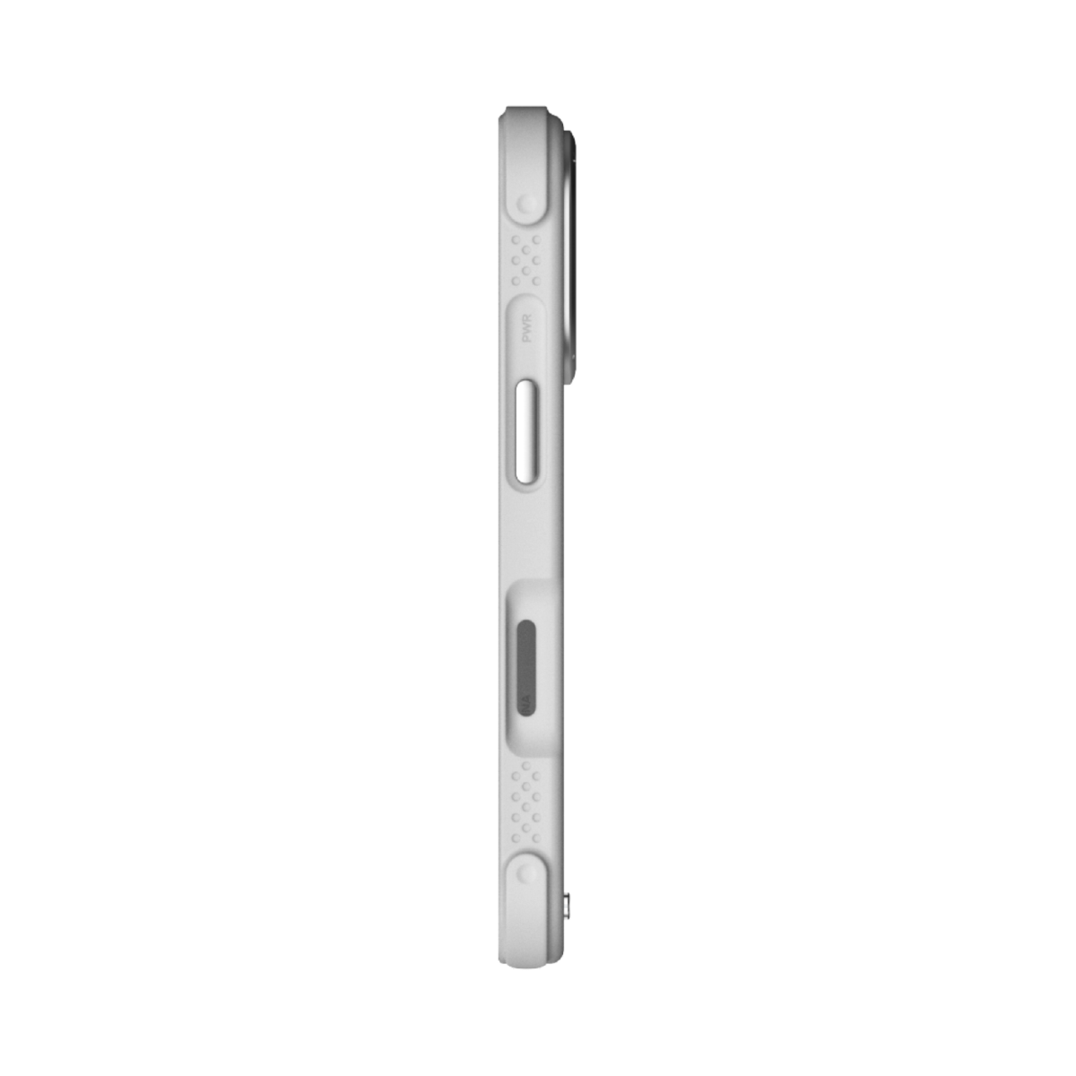 Düğmeleri ve Momax markası olan beyaz bir iPhone kılıfının yan görünümü.