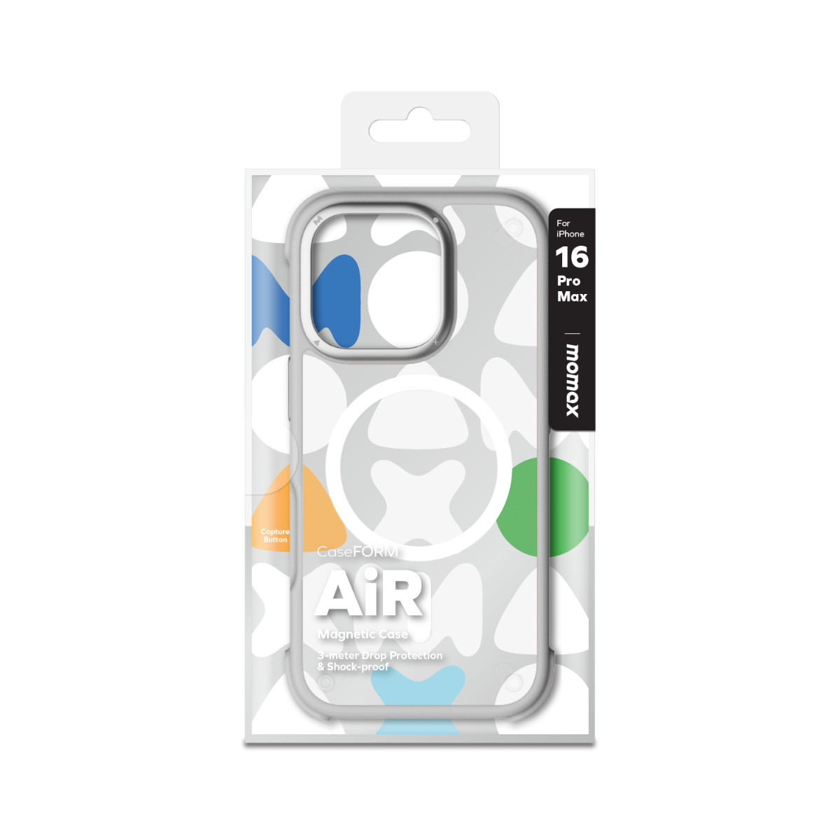 Momax Air iPhone kılıfı paketi. Gri arka planlı beyaz kılıf, mavi ve yeşil detaylar.