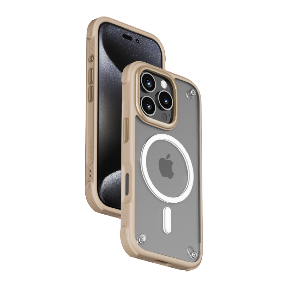 Ekranı gösteren telefonlu bej iPhone kılıfı. Apple logolu şeffaf arka kısım.