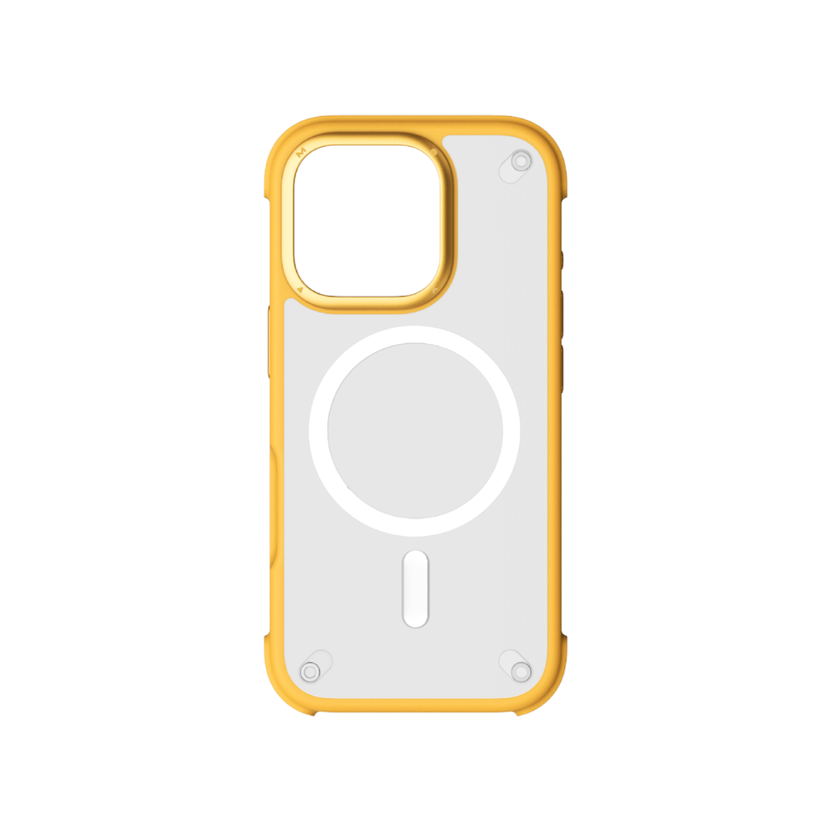 Sarı çerçeveli ve daireli beyaz arka yüzeyli bir iPhone kılıfı.