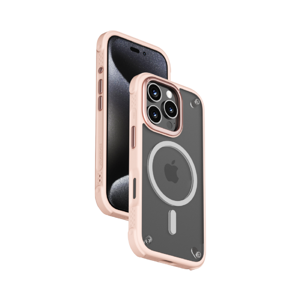 Siyah bir telefon üzerinde pembe bir telefon kılıfı. Telefon bir kılıf içinde. Siyah arka plan.