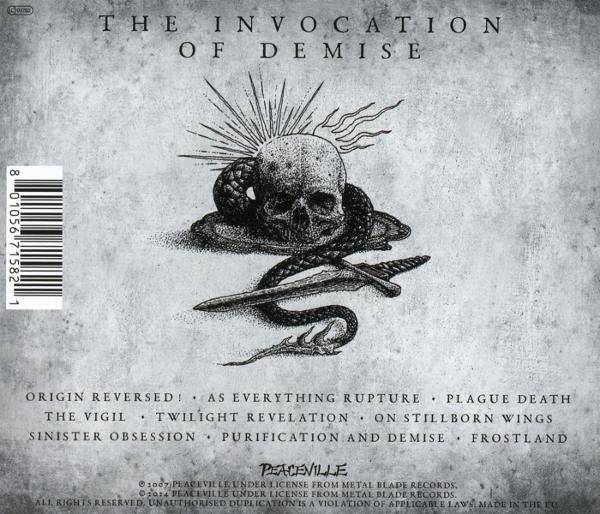 CD-Cover für 'The Invocation of Demise' mit Totenkopf, Schlange und Dolch.