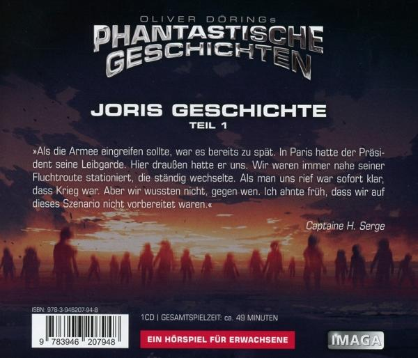 Albumcover mit Text über eine Geschichte. Menschen gehen weg. Ein roter Himmel.